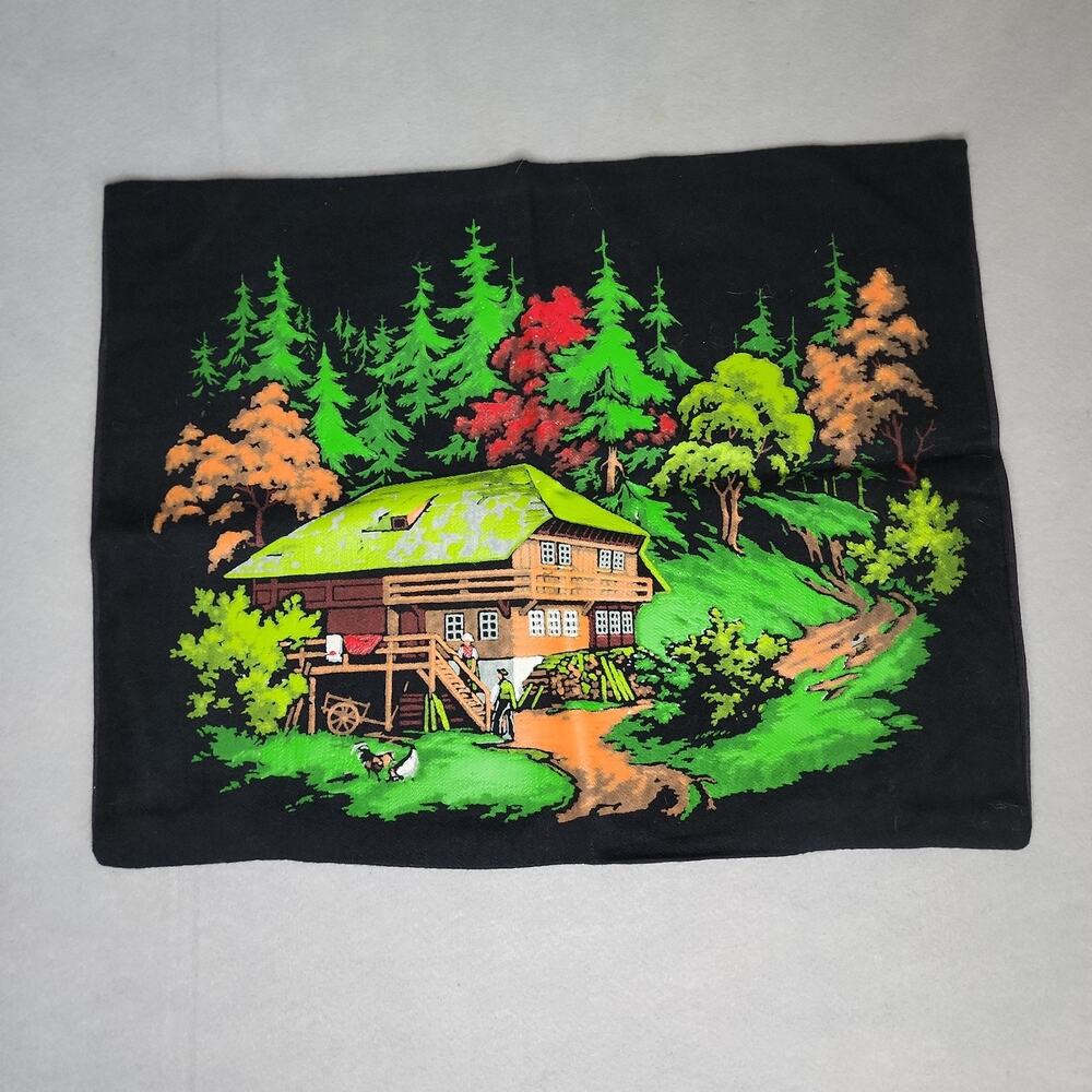 Vintage 1980s Pillow Cover Colorful Cabin Scene Hand Painted on Black 19 x 15in